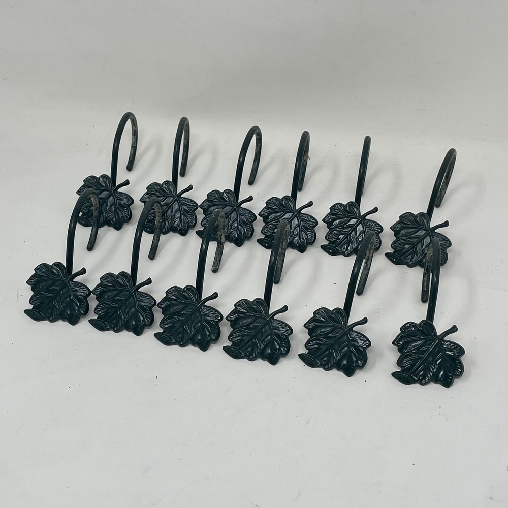Vintage Green Metal Maple Leaf Shower Curtain Hooks Set 12 Rustic Nature Decor